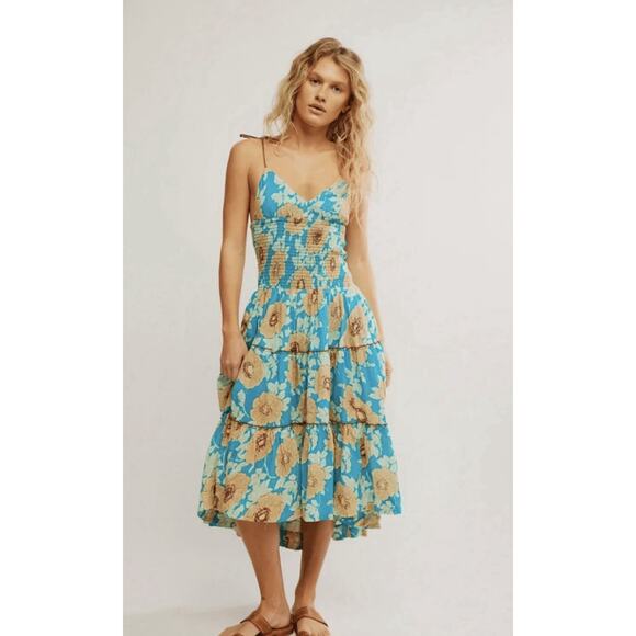 Free People Dresses & Skirts - Free People Adriel Dress Floral Tiered Cami Smocked Boho Prairie Hawaiian NWT XS
